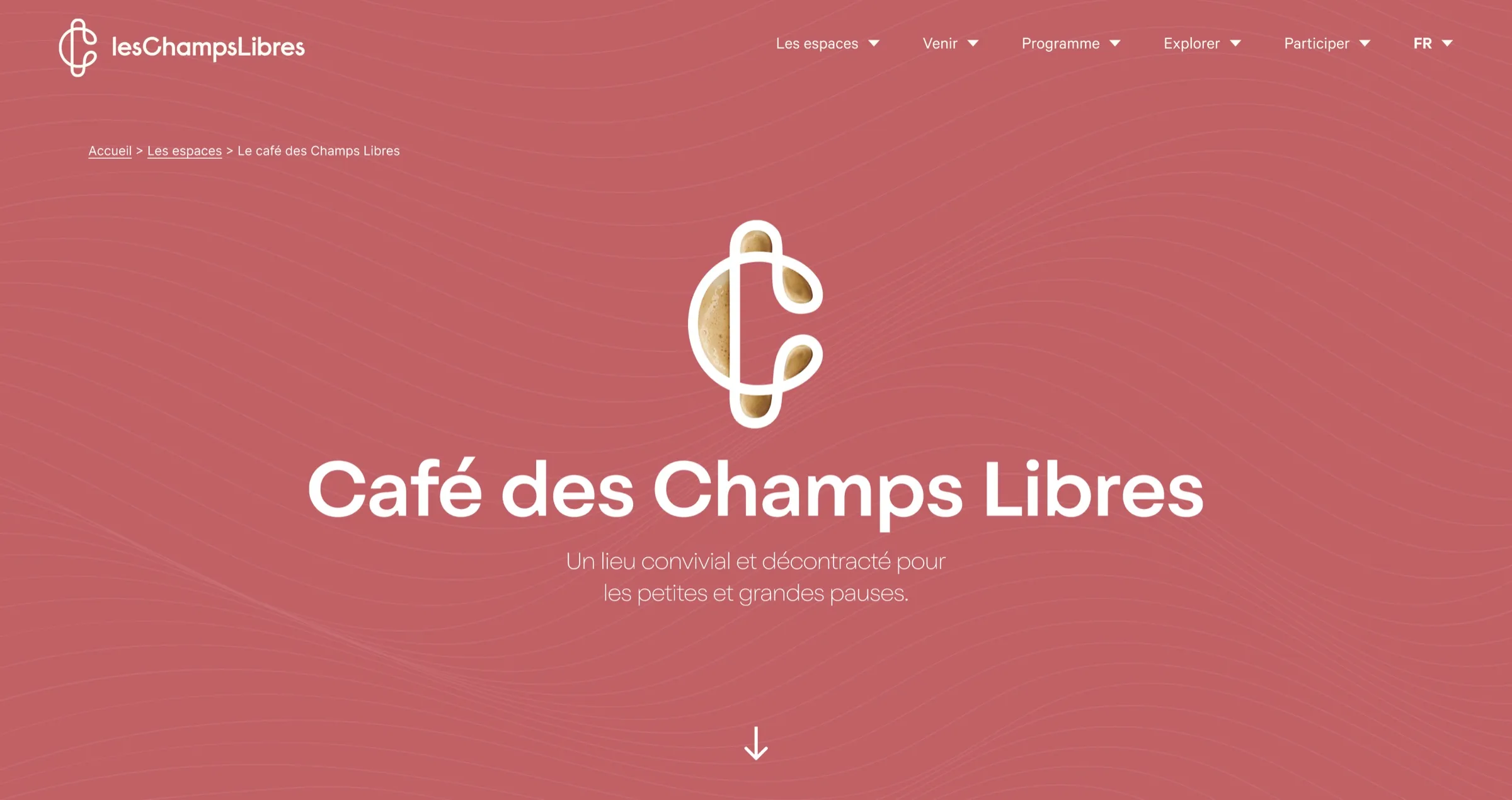 Page du Café des Champs Libres, monogramme en forme de tasse sur un aplat rouge