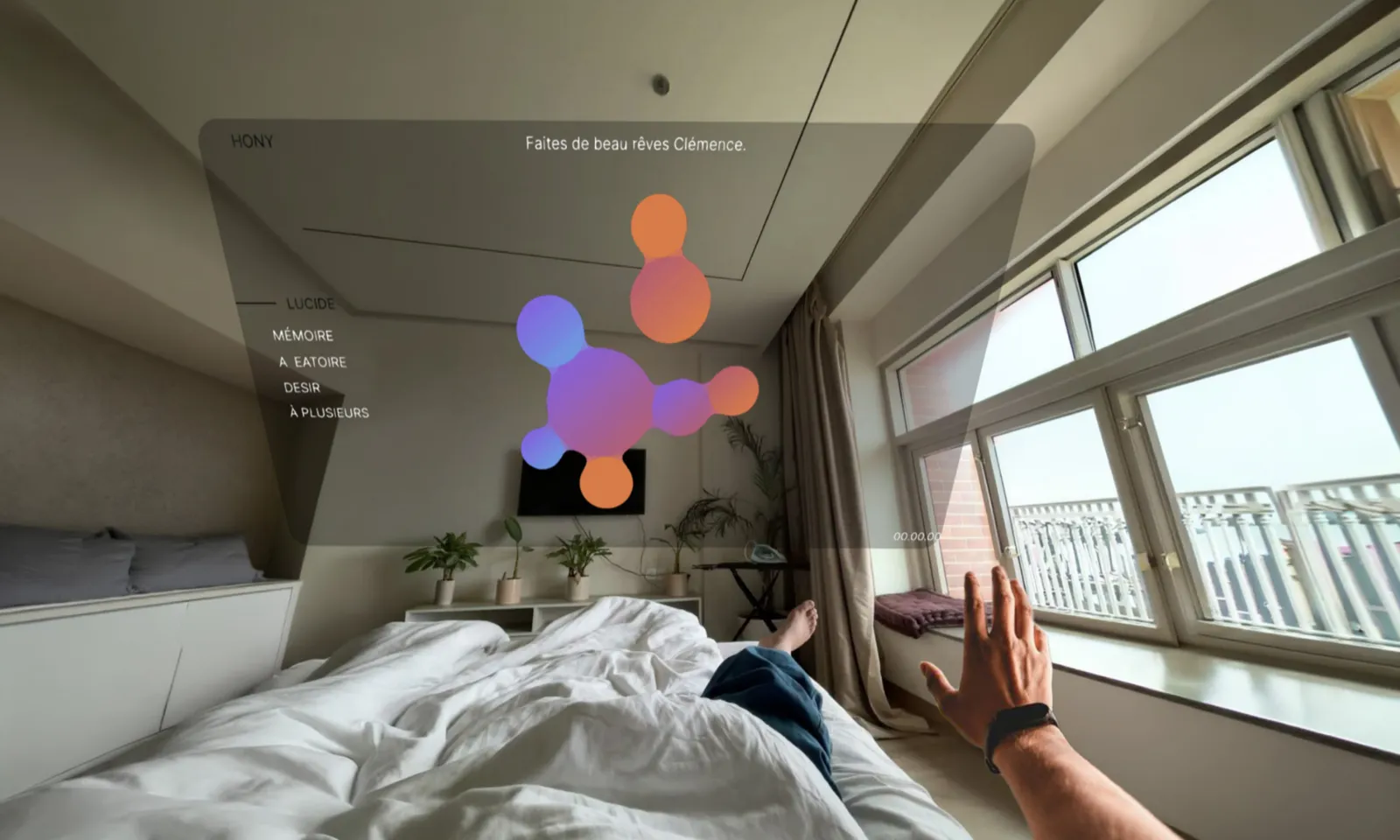 Interface HONY en réalité augmentée, vue depuis un lit au réveil