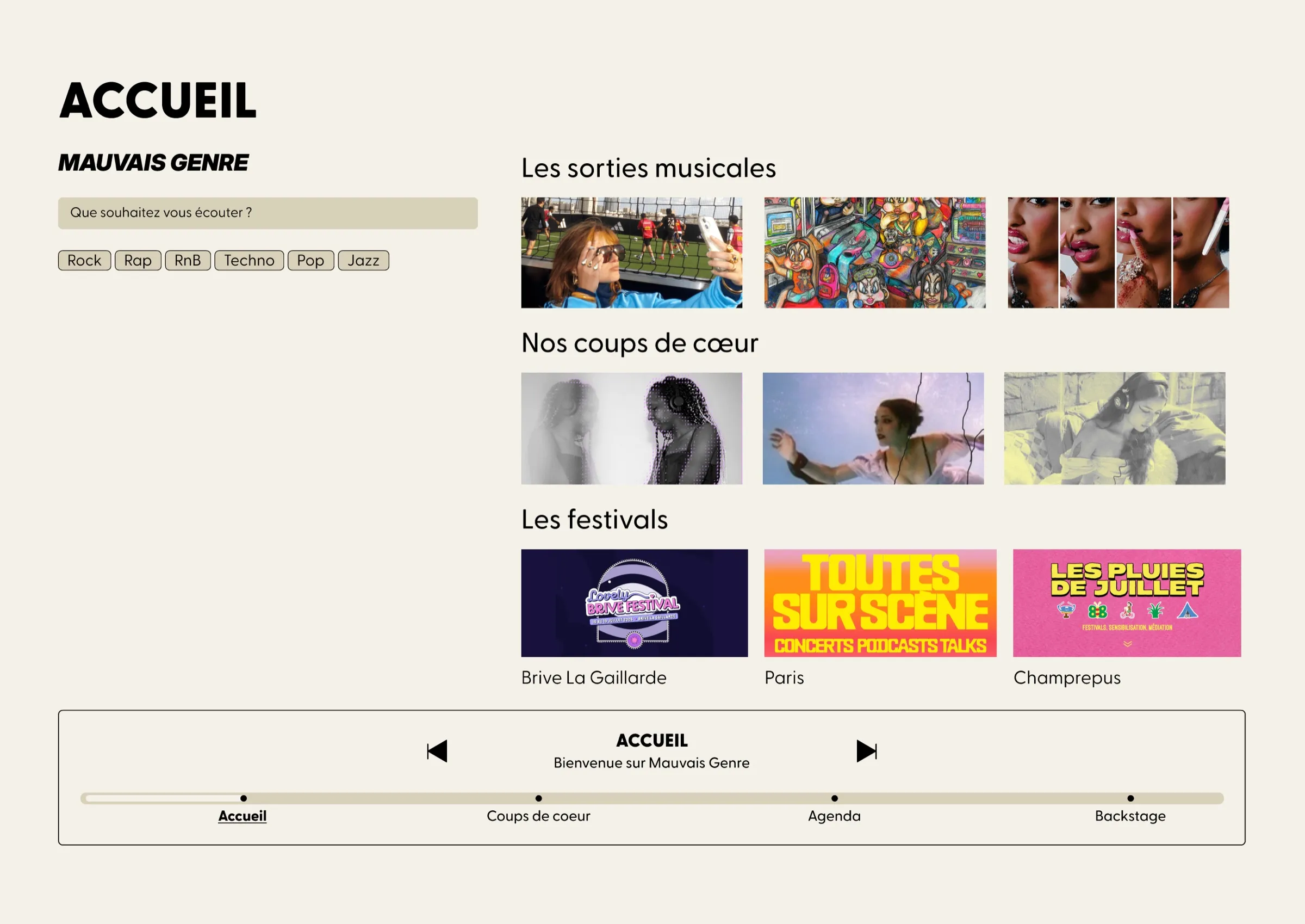Page d’accueil de Mauvais Genre, sélections musicales en vignettes et filtres par genre