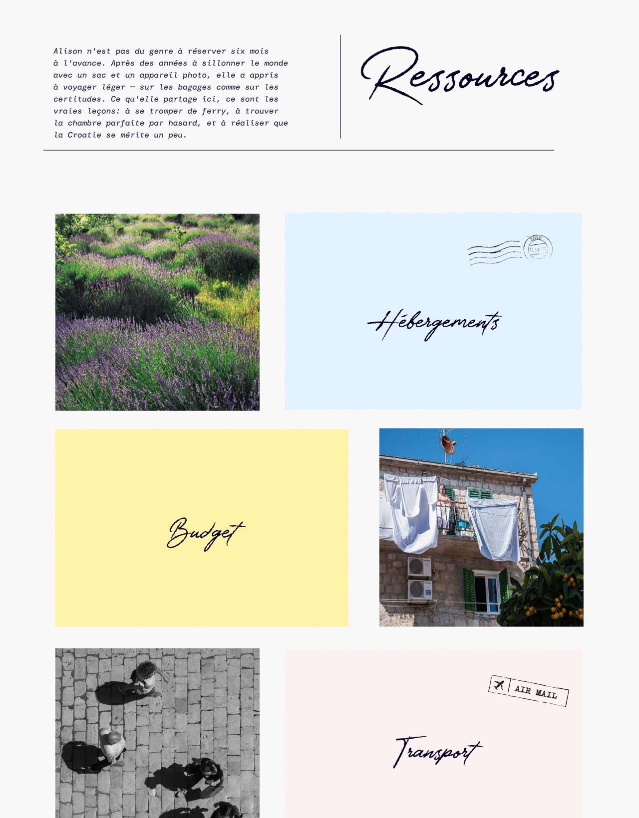 Section « Ressources » en damier, alternant photographies et aplats de couleur légendés Hébergements, Budget et Transport
