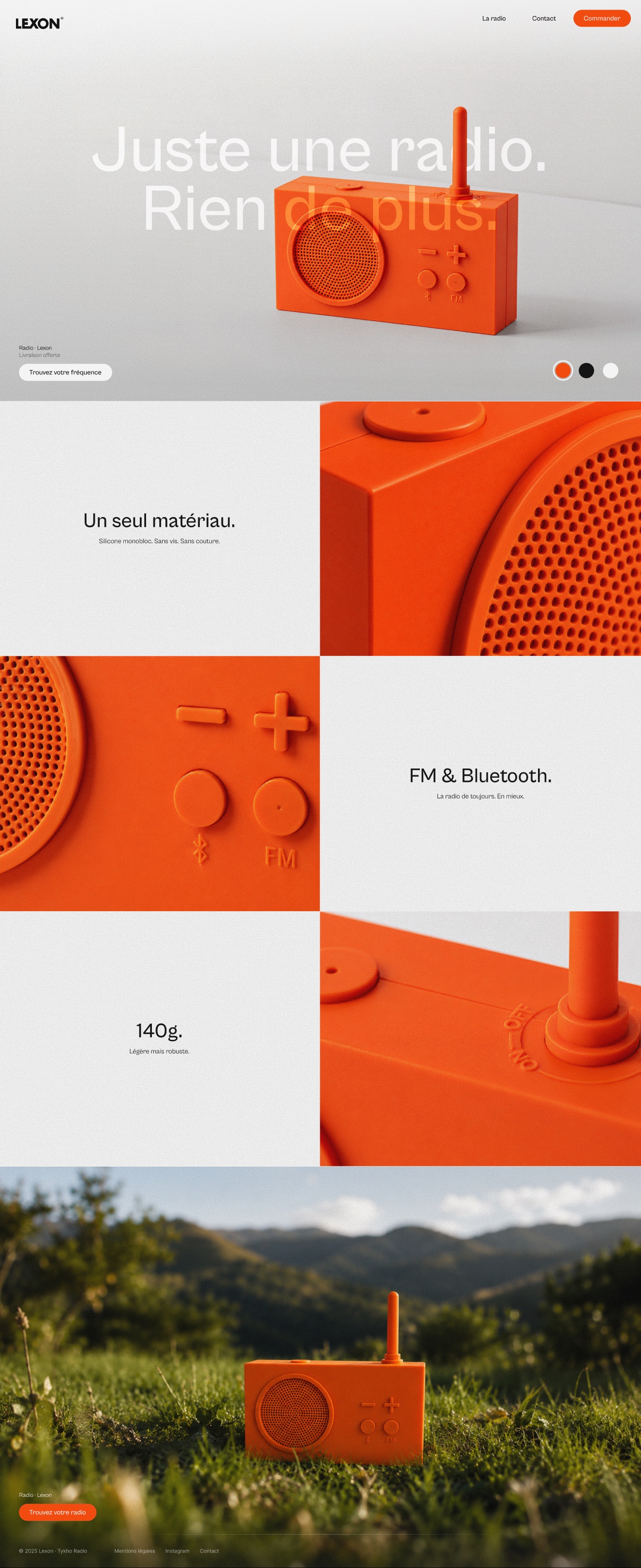 La page entière, alternant aplats orange et blancs autour des arguments produit